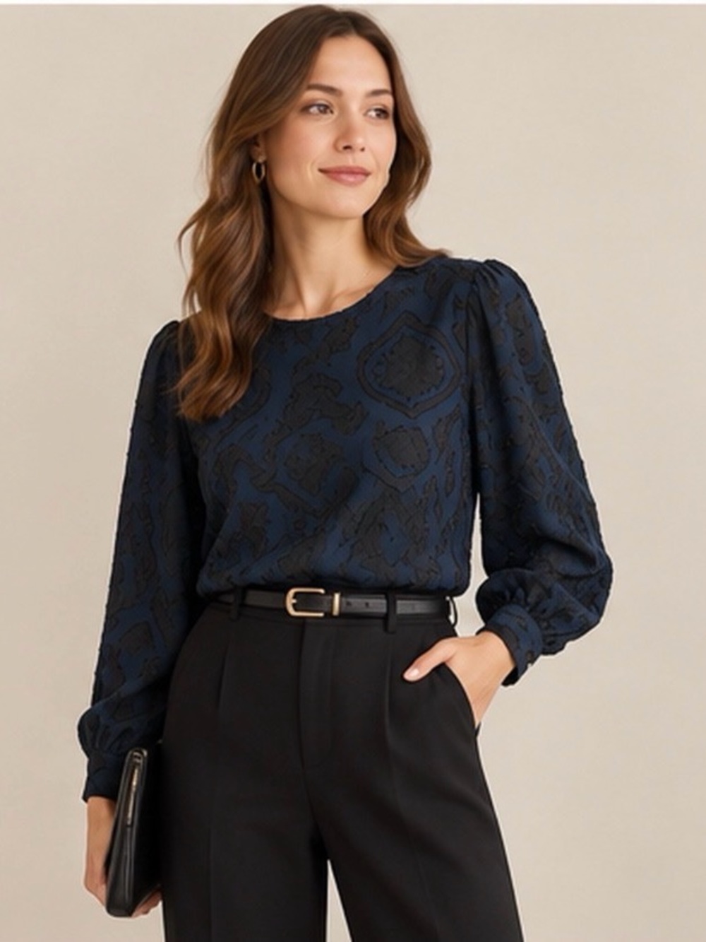 LOFT Navy Black Textured Jacquard Long Sleeve Blouse XS